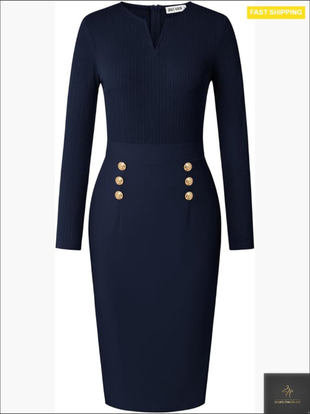 Elegant Bodycon Midi Dress Long Sleeve Henly V Neck Office Sheath Work